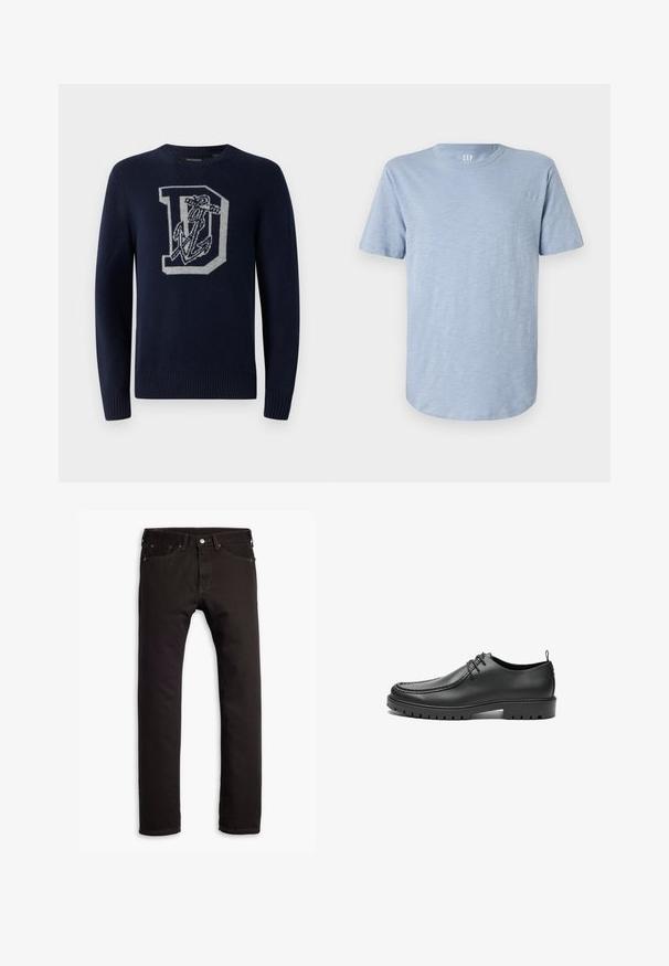 Mørkeblå strikket sweater med rund hals, prydet med et stort gråt 'D' samt anker mønster på fronten, og ribbede manchetter og kant.; Lys blå kortærmet T-shirt lavet af blødt stof, med rund hals og en lige kant med en subtil tekstur.; Sorte slim-fit jeans med fem lommer og knaplukning, præsenteret fladt på en hvid baggrund.; Sorte lædersko med en glat overflade, rund tå og dekorativ stikning. Har en gummisål med skridsikre spor og snørebåndsdesign.