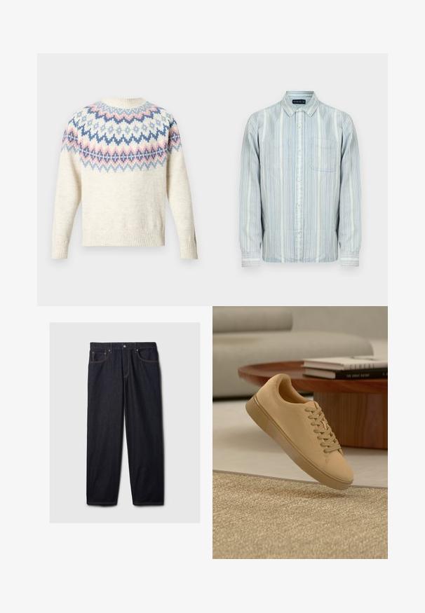 Creamfarvet sweater med rund halsudskæring og lange ærmer, med et farvet mønster af blå, rosa og hvide geometriske figurer. Ribstrikkede manchetter og kant.; Lyseblå langærmet skjorte med knapper, hvide og marineblå lodrette striber, en forlommer og en klassisk krave.; Mørke denim jeans med lige pasform, der har en knap- og lynlås-lukning, to frontlommer og kontrastfarvet orange syning.; Beige snørestøvler, der svæver over et tekstureret tæppe med et træ sofabord og stablede bøger i en sløret baggrund.