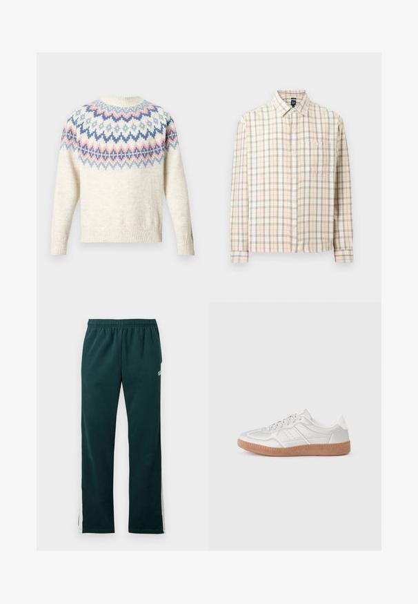 Creamfarvet sweater med rund halsudskæring og lange ærmer, med et farvet mønster af blå, rosa og hvide geometriske figurer. Ribstrikkede manchetter og kant.; Langærmet beige ternet skjorte med knaplukning foran, enkelt brystlomme og klassisk krave, vist mod en ensfarvet baggrund.; Mørkegrønne sweatpants med elastisk hænger og hvide striber, der løber ned ad ydersiden af benene.; Sølv sneakers med en glat overflade, snørebånd, perforerede detaljer og en struktureret brun gummi sål.