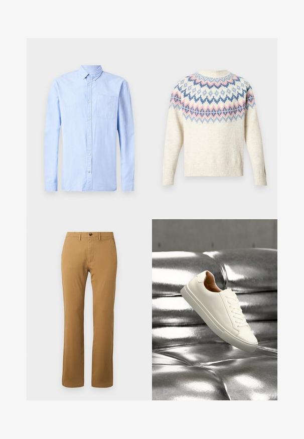 Creamfarvet sweater med rund halsudskæring og lange ærmer, med et farvet mønster af blå, rosa og hvide geometriske figurer. Ribstrikkede manchetter og kant.; Lyseblå langærmet skjorte med knap, lavet af blødt stof, med en knap-ned krave og en enkelt brystlomme.; Khaki chinos med lige snit, lavet af bomuld, med knaplukning, bæltestropper og to sidelommer for funktionalitet.; Hvid lavtop-sneaker, der svæver over en skinnende sølv tuftet læderoverflade.