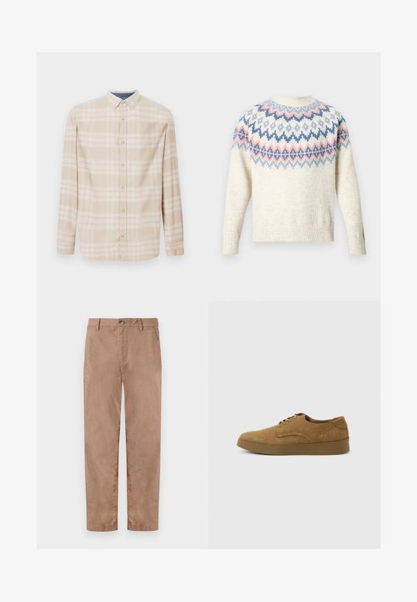 Cremefarbener Pullover mit rundem Ausschnitt und langen Ärmeln, mit einem farbigen Muster aus blauen, rosa und weißen geometrischen Designs. Gerippte Bündchen und Saum.; Beige Karo-Hemd mit langen Ärmeln, einer Button-Down-Kragen, Vorderknöpfen und subtilen blauen Akzenten am Halsauschnitt. Hergestellt aus weichem Stoff.; TOM TAILOR REGULAR WASHED - Chino - caribou beige; Brauner Wildleder-Schnürschuh für den Alltag mit flacher Gummisohle, von der Seite auf hellem, einfachem Hintergrund gesehen.