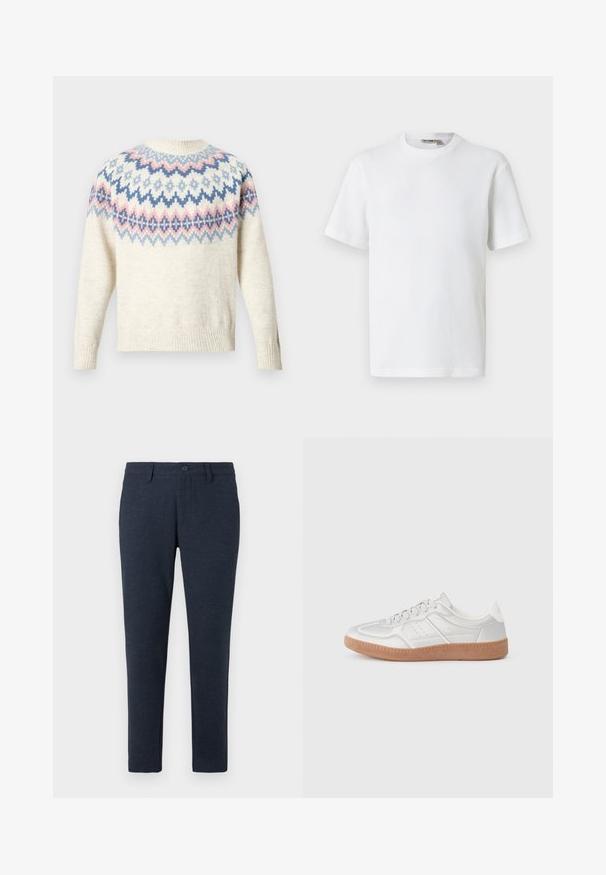 Suéter crema con cuello redondo y mangas largas, con un patrón colorido de diseños geométricos en azul, rosa y blanco. Puños y dobladillo acanalados.; Camiseta blanca de manga corta con cuello redondo y tejido de waffle, con una pequeña etiqueta de la marca en el interior del cuello, mostrada sobre un fondo liso.; Pantalones oscuros de corte slim de color azul marino con pasadores para cinturón, botón frontal y bolsillos delanteros, exhibidos sobre un fondo blanco.; Zapatillas plateadas con una textura suave, diseño de cordones, acentos perforados y una suela de goma marrón texturizada.
