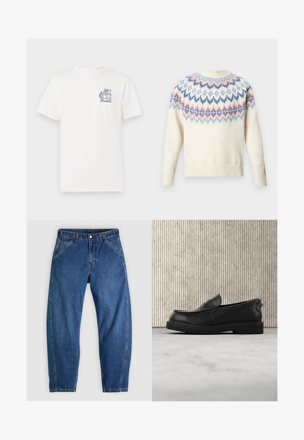 Roomkleurige trui met een ronde hals en lange mouwen, voorzien van een gekleurd patroon van geometrische ontwerpen in blauw, roze en wit. Geribbelde boorden en zoom.; Wit T-shirt met korte mouwen van katoen, voorzien van een blauwe graphic op de borst van een wasbeer naast een vuilnisbak en de tekst "STANCE."; Blauwe spijkerbroek met een ontspannen pasvorm, voorzien van een knoopsluiting, vijf zakken en contrasterende oranje stiksels. Gladde textuur over het hele oppervlak.; Zwarte leren loafer met robuuste zool en rood binnenwerk, zwevend boven een beige tapijt en nabij houten meubels.