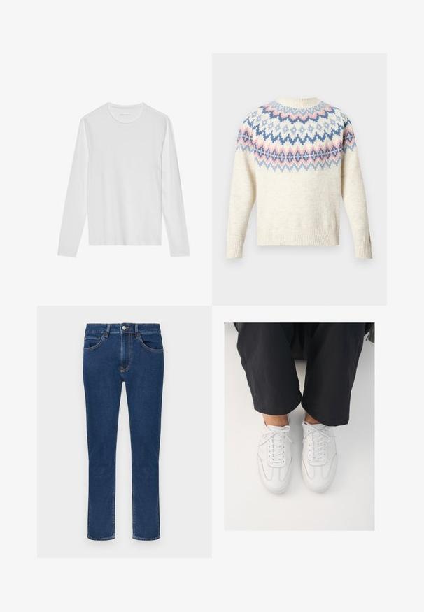 Creamfarvet sweater med rund halsudskæring og lange ærmer, med et farvet mønster af blå, rosa og hvide geometriske figurer. Ribstrikkede manchetter og kant.; Langærmet hvid T-shirt lavet af blød bomuld, med rund halsudskæring og en glat tekstur uden synlige mønstre eller accenter.; Blå denimjeans med knap- og lynlås-lukning, for- og baglommer samt lige ben, vist på en ensfarvet hvid baggrund.; Hvide lædersneakers med en glat overflade, rund tå og klassisk snøresystem, placeret over mørke, løse bukser.