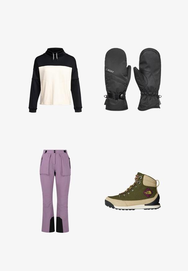 Sweatshirt-pullover dengan bagian atas hitam dan bagian bawah krim. Kain tekstur dengan leher corong dan tali pengikat. Dua kantong depan.; Laventelin väriiset hiihtohousut ovat kestävää kangasta, joissa on kaksi etutaskua, mustat yksityiskohdat lahkeiden alaosissa sekä muotoiltu istuvuus rakenteellisella suunnittelulla.; Vaelluskengät oliivinvihreässä ja beigessä mokassa, joissa on metalliset nauhakengät ja moniväriset nauhat. Kumipohja, jossa on erottuva kuvio.; Roxy GORE TEX FIZZ MITTEN - Lapaset - true black