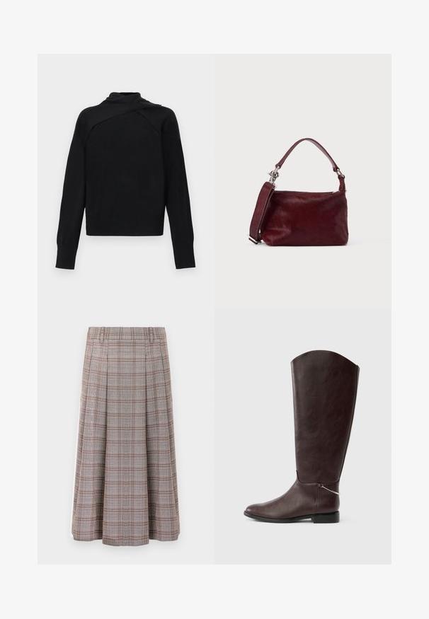 Pull noir à manches longues avec un col haut asymétrique plié et des poignets et ourlet côtelés sur fond blanc.; Jupe midi plissée en motif écossais marron et gris, fabriquée dans un tissu texturé. Elle possède une ceinture et tombe jusqu'au mollet.; Botte en cuir marron foncé montant jusqu'au genou, avec un talon plat et un petit charm argenté décoratif près de la cheville sur fond blanc.; Petit sac à main rectangulaire bordeaux avec finition texturée, poignée courte et bandoulière amovible sur un fond clair uni.