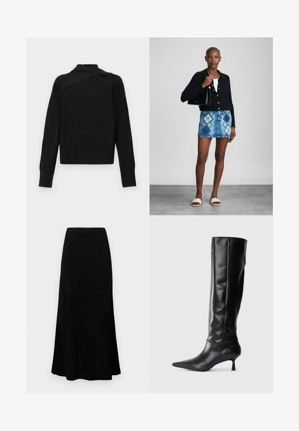 Sort langærmet sweater med høj, asymmetrisk foldet krave og ribstrikkede ærmeafslutninger og kant mod en hvid baggrund.; Sort midi nederdel med en tætsiddende talje, svungent nederste kant, glat tekstur, og ingen synlige mønstre eller detaljer.; Sorte læder knæhøje støvler med spids tå og slank buet hæl. Glat tekstur, tætsiddende design og ingen synlig hardware eller mønstre.; Sort striktrøje, hvid top, denimnederdel med blå og sort diamantmønster, sort håndtaske og beige slidesandaler.