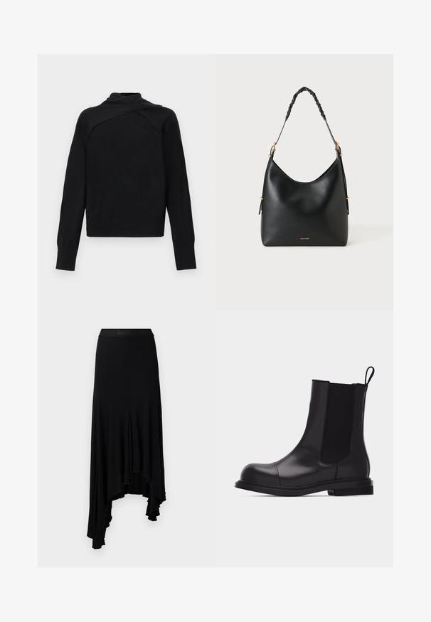 Pull noir à manches longues avec un col haut asymétrique plié et des poignets et ourlet côtelés sur fond blanc.; Jupe asymétrique noire avec un ourlet ondulé, fabriquée à partir d'un matériau doux et extensible, dotée d'une large ceinture avec un logo en relief.; Bottine en cuir noir avec panneau latéral élastique, bout arrondi, languette à l'arrière et petit talon, présentée de profil sur un fond blanc.; Sac à main en cuir noir avec des éléments dorés, une bandoulière tressée et un texte de marque discret près du bas sur un fond blanc uni.