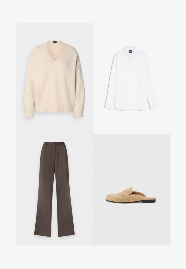 Suéter de cuello en V y manga larga en tejido suave color crema. Presenta puños y dobladillo acanalados, con un sutil detalle de punto abierto en la parte frontal.; Camisa blanca de vestir de manga larga con cuello puntiagudo y tapeta de botones oculta, etiquetada "BOSS" en el cuello.; Pantalones de pierna ancha en una tela marrón sólida, con una textura suave, lazos para cinturón, pliegue frontal y sin bolsillos visibles.; Mocasín beige sin talón de cuero ante con suela negra y detalles con costuras sobre un fondo liso claro.