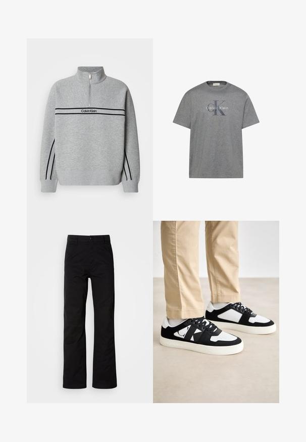 Grauer Sweatshirt mit Reißverschluss und hohem Kragen. Verfügt über schwarze Streifen und ein Logo auf der Brust. Weicher, strukturierter Stoff. Lässiges Design.; Graues T-Shirt mit kurzen Ärmeln und Calvin Klein-Logo mit großen überlappenden "cK" Buchstaben und "Calvin Klein" Text in der vorderen Mitte.; Schwarze Baumwollhosen mit geradem Bein, ausgestattet mit einem Knopfverschluss und Gürtelschlaufen. Glatte Textur und minimalistischer Stil ohne sichtbare Muster.; Calvin Klein Jeans CLASSIC CUPSOLE HERITAGE - Sneaker low - black/bright white