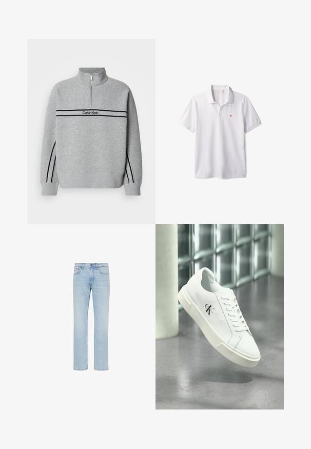 Šedá mikina na zips s vysokým golierom. Má čierne pruhy a logo na hrudi. Mäkká, textúrovaná tkanina. Neformálny dizajn.; Biele polo tričko s krátkym rukávom, golierom a malým červeným logom "cK" na ľavej strane hrude.; Svetlomodré rifle s rovnými nohavicami, predným gombíkom, zipsom a dizajnom s piatimi vreckami zobrazené na bielom pozadí.; Biela teniska Calvin Klein so šnúrkami, zobrazená vznášajúca sa nad leštenou betónovou podlahou a stenou z sklenených blokov.