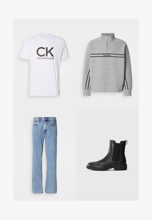Grijze zip-up trui met een hoge kraag. Heeft zwarte strepen en een logo over de borst. Zachte, gestructureerde stof. Casual ontwerp.; Witte katoenen t-shirt met een groot zwart "CK" logo en "CALVIN KLEIN" tekst eronder. Klassieke ronde hals en korte mouwen.; Lichtblauwe denim jeans met een recht ontwerp, vijf zakken en een knoopsluiting. Stikdetails nabij de zakken en de tailleband.; Zwarte leren enkelboot met elastische zijpanelen, trekhaak op de hiel en een lage blokzool tegen een effen achtergrond.