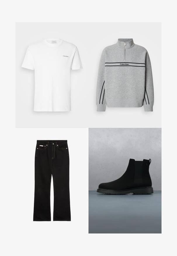 Grauer Sweatshirt mit Reißverschluss und hohem Kragen. Verfügt über schwarze Streifen und ein Logo auf der Brust. Weicher, strukturierter Stoff. Lässiges Design.; Weißes Baumwoll-T-Shirt mit kurzen Ärmeln und Rundhalsausschnitt. Mit einem kleinen schwarzen "Calvin Klein"-Logo auf der linken Brust.; Schwarze Jeans mit geradem Bein, oranger Naht, fünf Taschen, Knopfverschluss und kleinem Calvin Klein-Label auf der vorderen rechten Tasche.; Schwarze Knöchelstiefel aus glattem Material mit subtilen Nähten, einer Gummisohle und einem eleganten Design, platziert auf einer Oberfläche mit Holzstruktur.