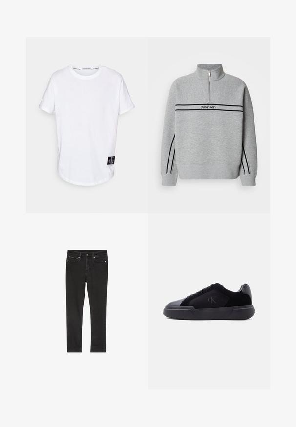 Grijze zip-up trui met een hoge kraag. Heeft zwarte strepen en een logo over de borst. Zachte, gestructureerde stof. Casual ontwerp.; Witte katoenen T-shirt met opgerolde korte mouwen, ronde zoom en een zwart merketiket met "CK" aan de onderkant links.; Zwarte denim jeans met een slanke pasvorm, voorzien van vier zakken, een metalen knoopsluiting en lichte slijtage-details. Soepele textuur en klassiek ontwerp.; Zwarte lage sneaker met dikke zool, veters aan de voorkant en een subtiel "cK"-logo op het zijpaneel.