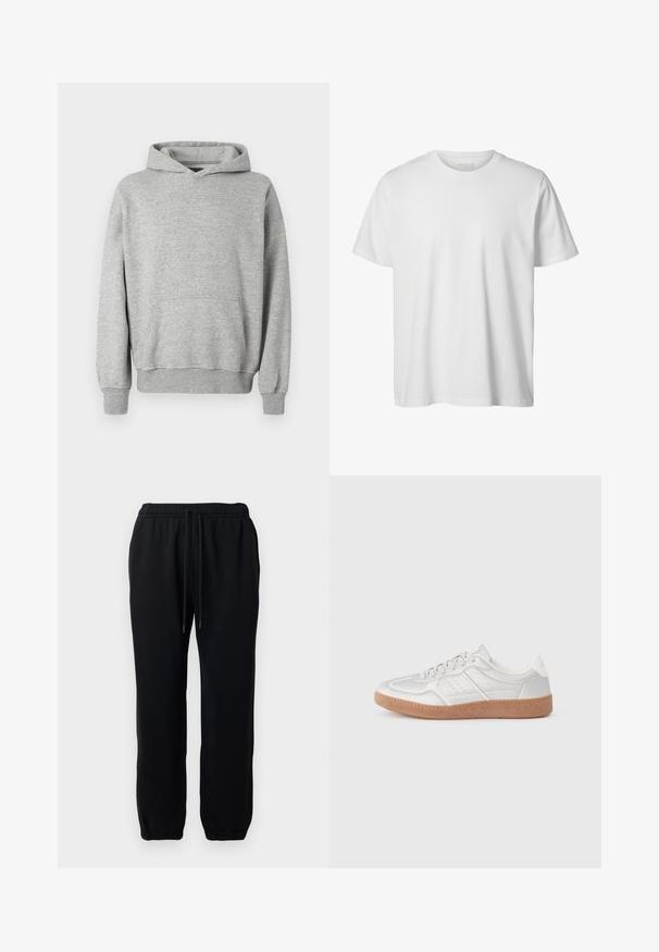 Γκρι hoodie με καγκουρό τσέπη, ριμπ μανσέτες και στρίφωμα, κατασκευασμένο από μαλακό, υφαντό ύφασμα, με άνετη εφαρμογή.; Απλό λευκό κοντομάνικο μπλουζάκι με στρογγυλή λαιμόκοψη, άνετη εφαρμογή και χωρίς ορατά λογότυπα ή σχέδια στο μπροστινό μέρος.; Μαύρες φόρμες από φούτερ με ελαστική μέση και κορδόνι. Μαλακό ύφασμα με ελαστικά μανίκια στους αστραγάλους. Χωρίς ορατό σχέδιο ή μεταλλικά στοιχεία.; Ασημένια αθλητικά παπούτσια με λεία υφή, σχέδιο με κορδόνια, τρυπητές λεπτομέρειες και υφή από καφέ καουτσούκ.