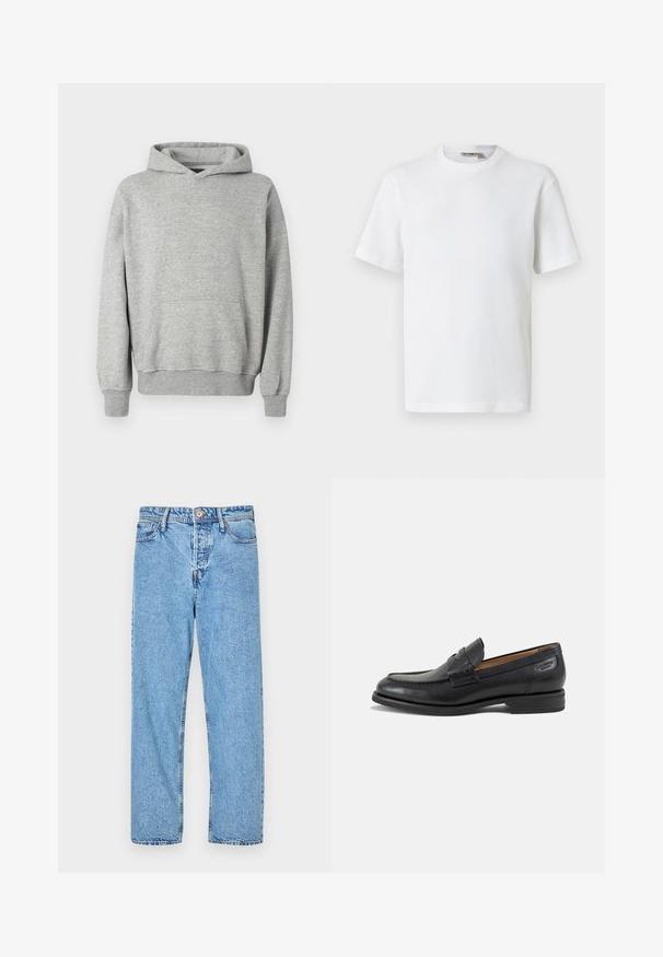 Grijze hoodie met een kangoeroezak, ribbelmanchetten en -zoom, gemaakt van zachte, textuurstof, met een casual pasvorm.; Wit T-shirt met korte mouwen, wafelstructuur en ronde hals, met een klein merkembleem aan de binnenkant van de kraag, afgebeeld op een effen achtergrond.; Lichtblauwe denim jeans met een recht model, vijf zakken, zichtbare stiksels en een knoop- en ritssluiting.; Zwarte leren herenloafer met gestikte details, lage gestapelde hak en een smalle band over de bovenzijde, zijaanzicht op een witte achtergrond.