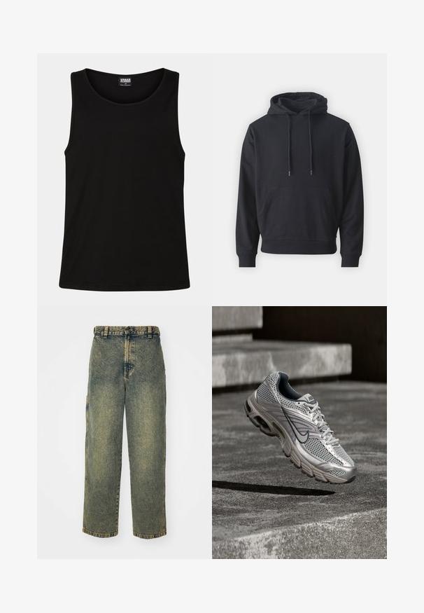 Sweatshirt à capuche noir, en matière mélangée coton, poche kangourou avant, cordons de serrage ajustables, poignets et ourlet côtelés, texture lisse.; Débardeur noir en coton doux. Il présente un col rond et des emmanchures larges, sans motifs ni accents visibles.; Jeans en denim ample avec un délavage bleu et vert. Comprend une fermeture à bouton, des passants de ceinture et des poches latérales. Pas de pli à l'avant et design à jambe droite.; Chaussure de course Nike argentée et grise suspendue en l'air au-dessus d'escaliers en béton, montrant une tige en mesh et des détails de semelle amortie.