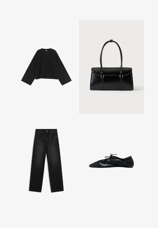 Pull noir en maille avec manches larges et longues, encolure ronde, poignets et ourlet côtelés, posé à plat sur un fond blanc.; Jean denim noir à jambes droites avec poches avant, passants de ceinture et fermeture par bouton, présenté sur fond blanc.; Ballerine plate en cuir noir avec bout froncé et lacet à nouer orné d'embouts métalliques, vue latérale minimaliste et élégante.; Sac à main rectangulaire en cuir noir avec fermeture à rabat et deux longues anses sur fond blanc uni.