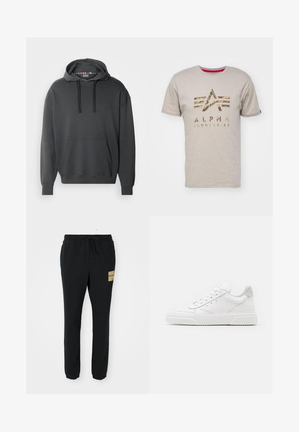 Huppari tummanharmaana, jossa on kengurupussitasku, säädettävät narut ja resorikuvat hihansuissa ja helmassa. Sileä puuvillasekoitekangas.; Beige puuvillainen t-paita, jossa on "ALPHA INDUSTRIES" -logon camokuosisuunnittelu ja viisi vaakaviivaa yläpuolella, lyhyet hihat ja pyöreä kaula-aukko.; Musta kapenevat collegehousut, joissa on elastinen vyötärö, nyöri, resorikujat ja vaaleanruskea Columbia-logo-ommel oikeassa reidessä.; Valkoiset nahkakengät, joissa on sileä pinta, pyöreä kärki, litteät nauhat ja teksturoitu pohja. Harmaa mokkanahka korostaa kantapäätä.