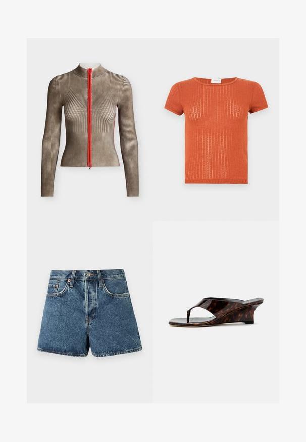 Langmouwige, aansluitende geribbelde gebreide top in taupe met een hoge hals en centrale rode ritssluiting.; Korte mouwen, geribd T-shirt in roestkleur met een subtiel patroon en een ronde halslijn. Zachte textuur en aansluitend model.; Denim shorts in medium blue met een hoge taille, vijf zakken, contrasterende stiksels en een metalen knoopsluiting. Textuurstof met een lichte vervaging.; Dames sleehak sandaal met schildpadmotief, open teen en teenbandje, van opzij getoond op een witte achtergrond.