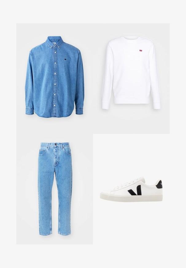 Hvid sweatshirt lavet af bomuld. Har rund hals, lange ærmer og et lille rødt logo på brystet. Blød tekstur med ribbede manchetter.; Denim button-down skjorte, lyseblå i farven, med krave, lange ærmer og et lille logo på brystet. Har hvide knapper og syninger.; Lyseblå denimjeans har en lige ben-design, fem lommer og en klassisk knaplukning i taljen.; Hvide lædersneakers med sorte ruskindsdetaljer; har en gummisål, rund tå og klassisk snørebåndsdesign. Side logo i sort.