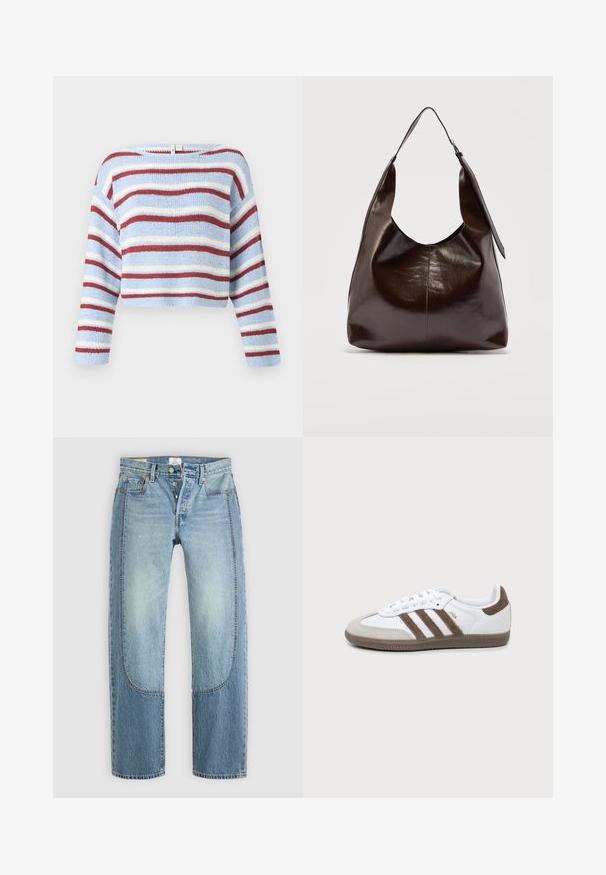 ONLY Striktrøje - light blue; Lyseblå denimjeans med en lige, løs pasform, der har kontrasterende paneldetaljer og en fem-lommer design. Knap-lukning.; Hvid og brun Adidas Samba sneaker med tre brune striber, snørebånd og tekstureret sål vist fra siden på en ensfarvet baggrund.; Mørkebrunt, skinnende læder skuldertaske med en enkelt bred rem og spændedetalje på den ene side, sat mod en ensartet lys baggrund.