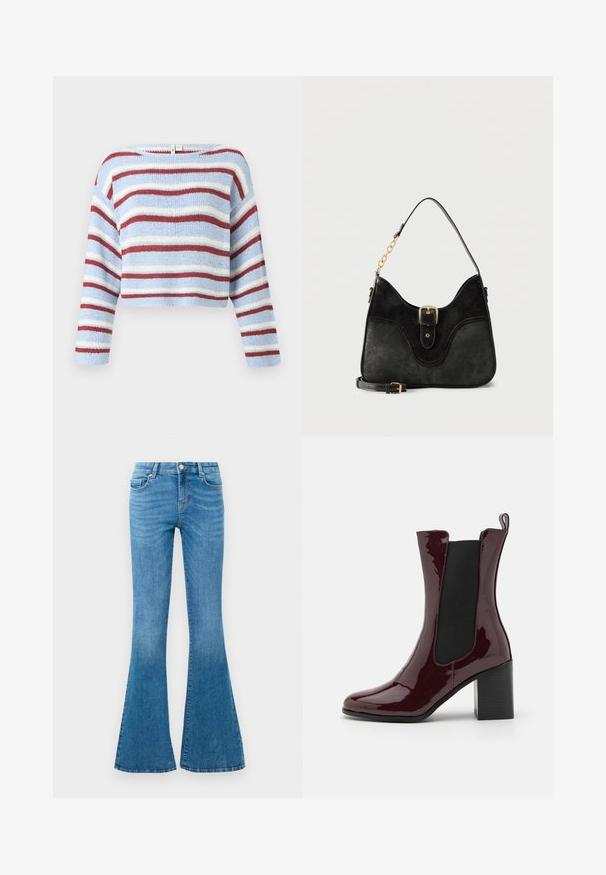 ONLY Pullover - light blue; Jean flare en denim bleu avec une taille mi-haute, comportant cinq poches, un bouton standard et un léger délavage pour la texture.; RAID ILLEANA - Bottines - burgundy; Sac à main en cuir noir avec détail de boucle dorée, une bandoulière à maillons en chaîne, et une bandoulière croisée amovible et réglable.