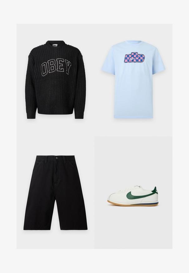Sort strikket sweater med rund halsudskæring, med "OBEY" i hvid broderi hen over brystet. Strukturmønster over hele.; Lyseblå T-shirt med korte ærmer, med en lyserød og blåternet Nike-logo og swoosh placeret midt på brystet.; Sorte knælange denimshorts med forlommer, bæltestropper og knaplukning ved taljen.; Nike sneakers med en overdel i hvid læder, grønne detaljer, gummisål med tekstureret mønster og klassisk snørebåndsdesign.