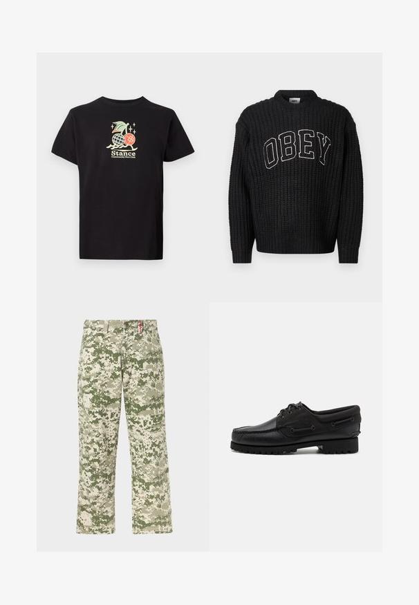 Sort strikket sweater med rund halsudskæring, med "OBEY" i hvid broderi hen over brystet. Strukturmønster over hele.; Sort bomulds t-shirt med et farverigt grafisk print af en ananas og kirsebær, teksten lyder "Stance Community Run Club." Korte ærmer.; Herrebukser med lige ben i grøn og beige pixeleret camouflage-mønster og frontlommer, vist mod en lys baggrund.; Sort sko med overdel i læder, tekstilaccentuer, runde snørebånd og en tekstureret gummisål. Udstyret med mokkasinsyning og branddetalje.