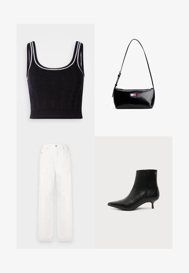 Zwarte gebreide cropped top met een gestructureerd patroon, vierkante halslijn en contrasterende witte bies op de bandjes en zoom.; Witte katoenen wijde broek met een klassiek vijf-pocketontwerp en een metalen knoopsluiting, met subtiele stikdetails.; Zwart leren enkellaars met puntige neus en lage kittenhak op lichte achtergrond, zijaanzicht buitenkant.; Zwarte gepatineerde leren schoudertas met een gebogen schouderband, ritssluiting en een rechthoekig logo-opdruk in rood, wit en blauw.
