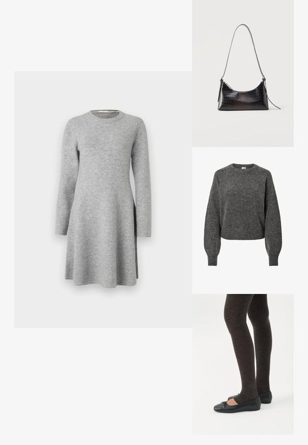 Pull en laine gris foncé à manches longues, col rond et manches légèrement ballon, texture tricotée et bords côtelés.; Robe grise à manches longues en tissu doux ; présente un col rond et une coupe décontractée, s'évasant légèrement à l'ourlet avec des fentes latérales.; Jambes portant des leggings côtelés foncés associés à des ballerines noires avec de petits détails en nœud sur fond blanc.; Sac à bandoulière noir à texture crocodile, fermeture éclair et longue lanière fine, présenté sur fond blanc.
