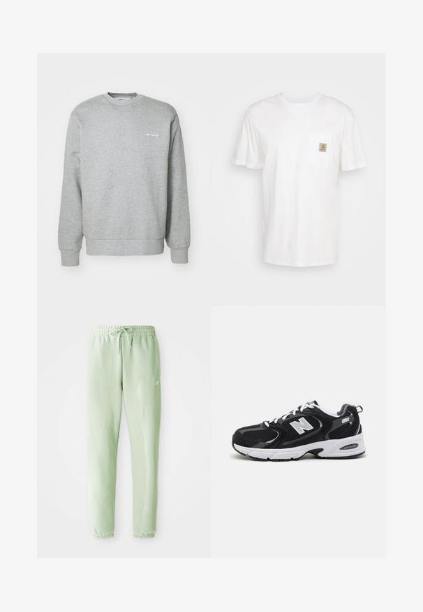 Sudadera de algodón gris con cuello redondo, mangas largas, puños acanalados y un pequeño logo blanco en el lado izquierdo del pecho. Textura suave.; Camiseta de algodón blanca con mangas cortas, un bolsillo en el pecho y un pequeño parche cuadrado de logo en naranja y blanco en el bolsillo.; Pantalones de chándal verde claro, hechos de algodón suave, con cintura elástica y cordón, piernas ajustadas y puños gather.; Zapatillas deportivas en negro y gris con parte superior de malla y ante, que cuentan con una entresuela blanca, cordones y un llamativo logo "N" en el lateral.