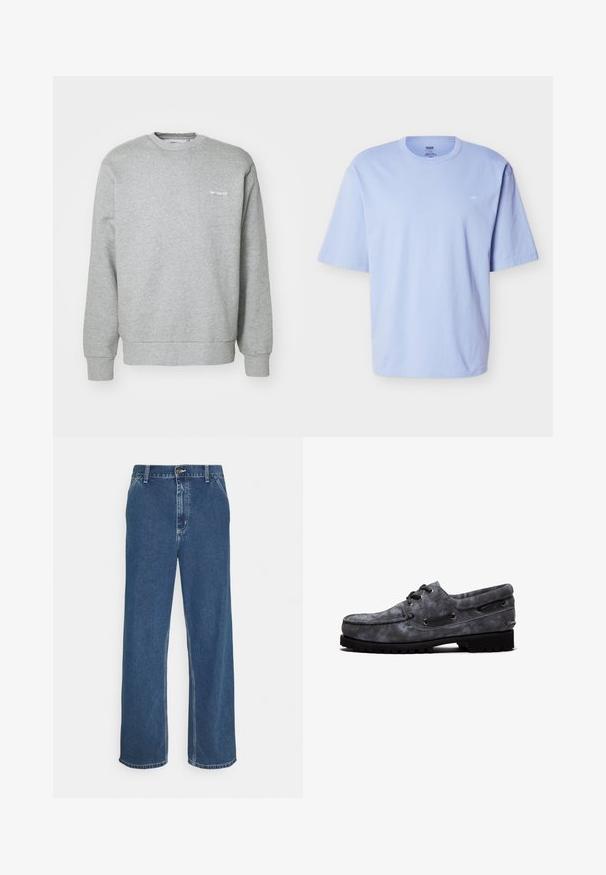 Grå bomulds sweatshirts med rund halsudskæring, lange ærmer, ribbede manchetter og et lille hvidt logo på venstre bryst. Blød tekstur.; Lyseblå T-shirt med korte ærmer, rund hals, løs pasform og et diskret lille logo på venstre brystområde.; Blå denimjeans med lige pasform, fem-lomme design, metalknaplukning og synlig syning langs søm og kant.; Grå ruskind bådsko med sorte snørebånd, quiltet moc-tå og tyk sort sål med knotter, set fra siden mod en hvid baggrund.