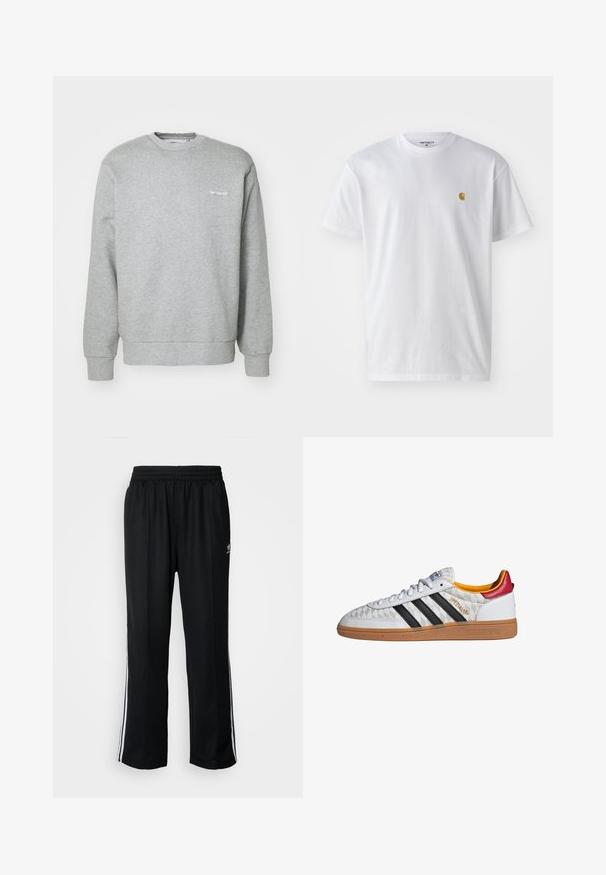 Grauer Baumwollpullover mit Rundhalsausschnitt, langen Ärmeln, gerippten Bündchen und einem kleinen weißen Logo auf der linken Brust. Weicher Stoff.; Weißes Baumwoll-T-Shirt mit kurzen Ärmeln, Rundhalsausschnitt, mit einem kleinen goldenen Logo im linken Brustbereich. Weicher Stoff und normale Passform.; Schwarze Sporthosen mit elastischem Bund, ausgestattet mit weißen Seitenstreifen und einem kleinen Logo. Das Material wirkt weich und leicht.; Weißer Adidas Spezial Sneaker mit schwarzen Streifen, Gummisohle, gestepptem Muster, rotem Fersenlaschen und gelber Innenausstattung, Seitenansicht.