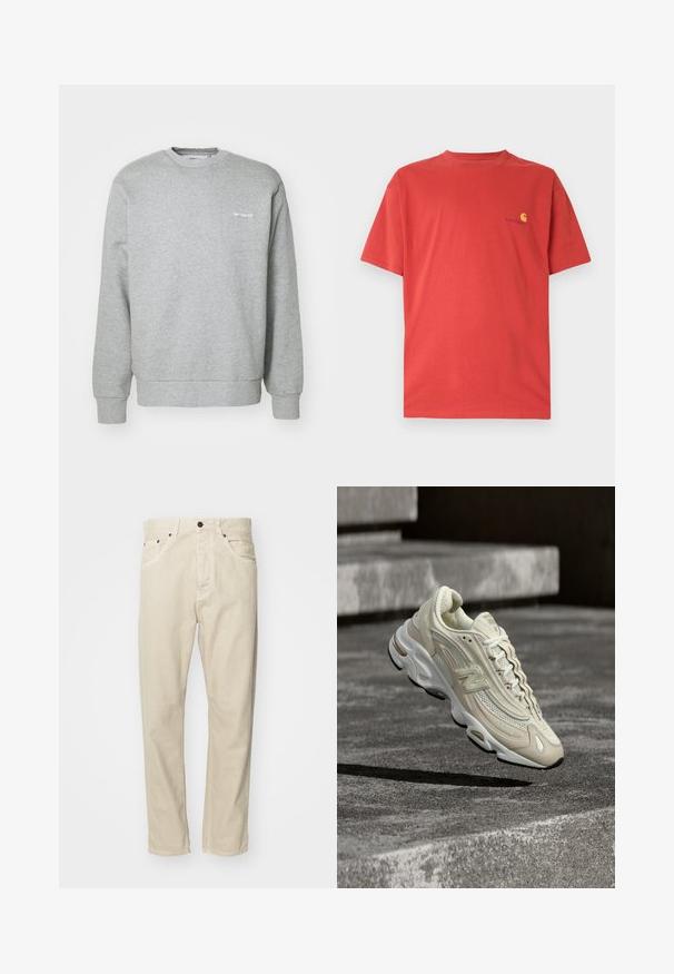 Grauer Baumwollpullover mit Rundhalsausschnitt, langen Ärmeln, gerippten Bündchen und einem kleinen weißen Logo auf der linken Brust. Weicher Stoff.; Rotes Baumwoll-T-Shirt mit Rundhalsausschnitt, kurzen Ärmeln und kleinem gelbem Logo auf der linken Brust. Glatte Textur, lässiges Design.; Beige Baumwollhose mit geradem Bein, fünf Taschen und Metallakzenten. Glatte Textur mit minimalen Nähdetails.; Beige-weißer New Balance Sneaker mit Mesh- und Lederdetails, schwebt in der Luft über Betontreppen und wirft einen scharfen Schatten.