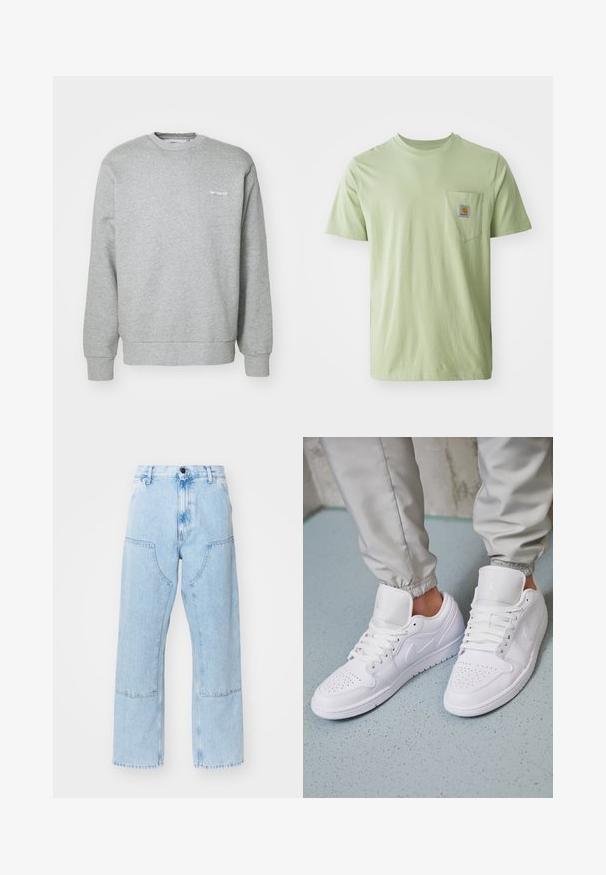 Grå bomulds sweatshirts med rund halsudskæring, lange ærmer, ribbede manchetter og et lille hvidt logo på venstre bryst. Blød tekstur.; Lysegrøn kortærmet t-shirt lavet af blødt stof, med en brystlomme der har et firkantet logo-patch. Enkel, udekoreret design.; Lyseblå, lige ben denim jeans med store forlommer og kontraststing. Stoffet har en lysnet, blød tekstur.; Hvide lædersneakers har en perforeret tåboks, flade snørebånd, polstret krave og Jordan-logoet på tungen. Båret med grå joggers.