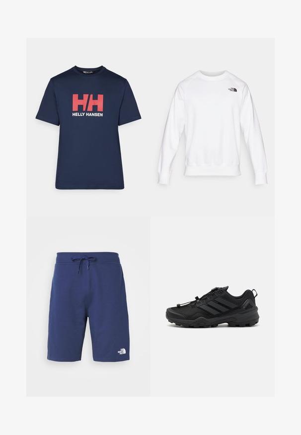 Sudadera blanca con cuello redondo, mangas raglán largas, puños y dobladillo de canalé, con un pequeño logo negro en la parte superior izquierda del pecho.; Camiseta de algodón de color azul marino con mangas cortas, que presenta un destacado logo en rojo y blanco con las letras "HH" y el texto "HELLY HANSEN" debajo del logo.; Bermudas de algodón azul marino con cintura elástica y cordón. Presenta un logo blanco en la esquina inferior derecha. Textura suave.; Zapatilla deportiva negra con una parte superior de malla texturizada, acentos sintéticos contrastantes y una suela de goma resistente. Presenta un sistema de cordones seguro y una lengüeta trasera.