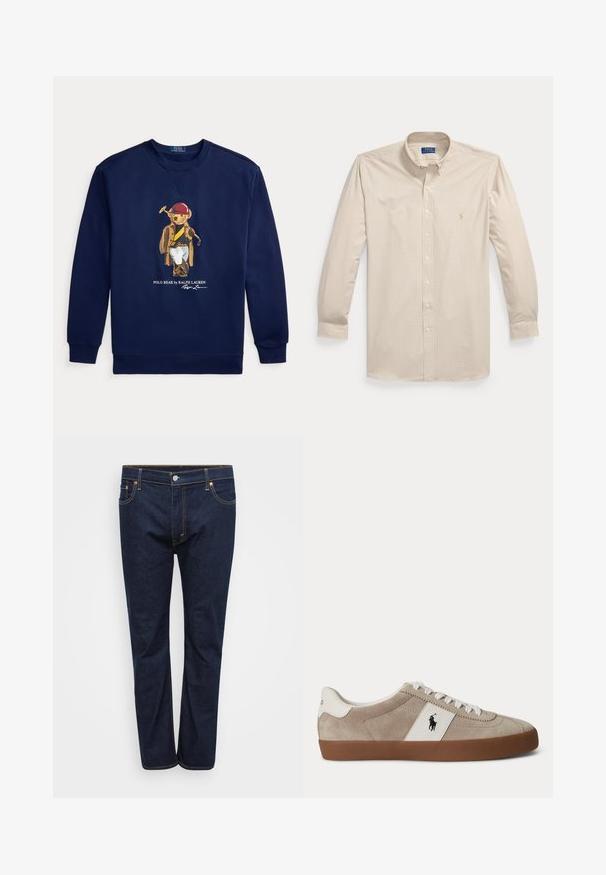 Tmavomodrá mikina s grafikou medveďa oblečeného v pólo výstroji, drží palicu, a textom Polo Bear by Ralph Lauren.; Košeľa s dlhým rukávom, béžovo-biela károvaná, na gombíky, s golierom a logom Polo Ralph Lauren na ľavej strane hrudníka.; Tmavomodré riflové nohavice so strihom rovného nohu, s viditeľným prešívaním v kontrastnej žltej farbe, piatimi vreckami a predným zapínaním na gombík.; Béžová semišová nízka teniska s bielymi šnúrkami, bielym koženým prvkom s čiernym logom koňa a hnedou gumovou podrážkou.