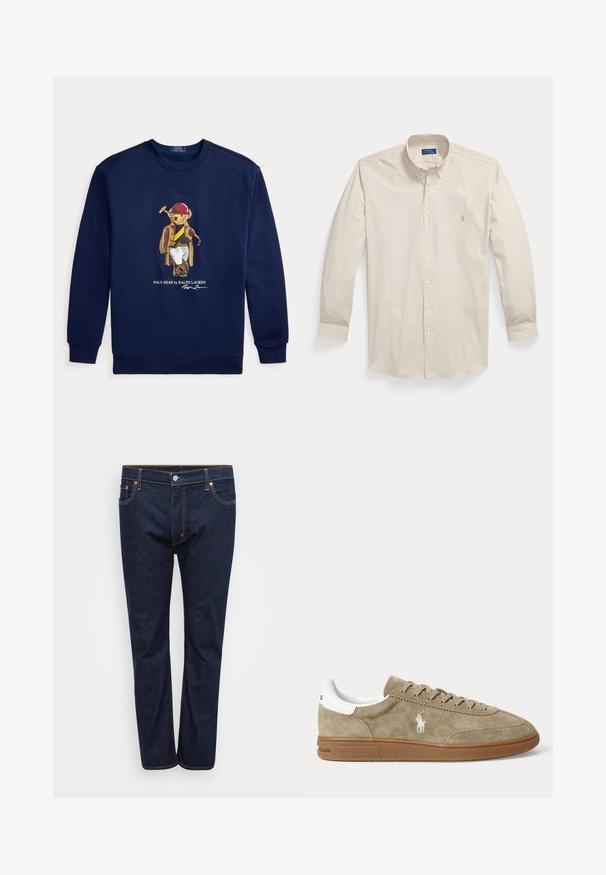 Tmavomodrá mikina s grafikou medveďa oblečeného v pólo výstroji, drží palicu, a textom Polo Bear by Ralph Lauren.; Béžová a biela košeľa s dlhým rukávom s vertikálnymi pruhmi, zapínaná na gombíky, s gombíkovým golierom a malým vyšitým logom na hrudi.; Tmavomodré riflové nohavice so strihom rovného nohu, s viditeľným prešívaním v kontrastnej žltej farbe, piatimi vreckami a predným zapínaním na gombík.; Nízkoprofilová béžová semišová teniska s hnedou podrážkou, bielym detailom na päte, šnúrkami a bielym vyšívaným logom hráča póla na boku.