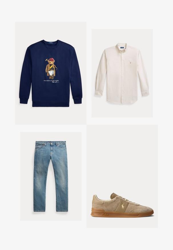 Marineblauwe sweatshirt met een afbeelding van een beer gekleed in polokleding, die een hamer vasthoudt, met de tekst Polo Bear by Ralph Lauren.; Overhemd met lange mouwen en knoopsluiting, gemaakt van crèmekleurige katoenen stof. Voorzien van een spreidkraag en een klein geborduurd logo op de borst. Klassieke pasvorm.; Lichtblauwe denim jeans met een rechte pasvorm, knoopsluiting, vijf zakken, subtiele vervaging en stikselaccenten.; Beige suède en leren lage sneaker met gumzool, witte veters en Polo-logo op de zijkant en zool.