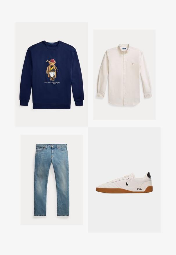 Marineblauwe sweatshirt met een afbeelding van een beer gekleed in polokleding, die een hamer vasthoudt, met de tekst Polo Bear by Ralph Lauren.; Overhemd met lange mouwen en knoopsluiting, gemaakt van crèmekleurige katoenen stof. Voorzien van een spreidkraag en een klein geborduurd logo op de borst. Klassieke pasvorm.; Lichtblauwe denim jeans met een rechte pasvorm, knoopsluiting, vijf zakken, subtiele vervaging en stikselaccenten.; Witte lage sneaker met een bruine rubberen zool, zwart Polo Ralph Lauren-logo aan de zijkant en de tekst "RL" op het hielgedeelte.