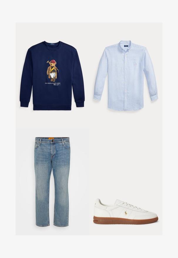 Marineblaues Sweatshirt mit einer Grafik eines Bären in Polokleidung, der einen Schläger hält, und dem Schriftzug „Polo Bear by Ralph Lauren“.; Hellblaues langärmliges Hemd mit weißen vertikalen Streifen und kleinem pinkfarbenem Logo auf der linken Brust.; Hellblaue Denim-Jeans mit geradem Bein, ausgestattet mit fünf Taschen, einem Knopfverschluss und einem orangefarbigen Markenschild am Bund.; Weißer Sneaker mit niedrigem Schnitt, brauner Sohle, Schnürung vorne und kleinem goldfarbenem Polo Ralph Lauren Logo an der Seite.