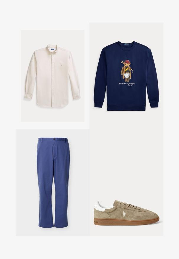Marineblauwe sweatshirt met een afbeelding van een beer gekleed in polokleding, die een hamer vasthoudt, met de tekst Polo Bear by Ralph Lauren.; Overhemd met lange mouwen en knoopsluiting, gemaakt van crèmekleurige katoenen stof. Voorzien van een spreidkraag en een klein geborduurd logo op de borst. Klassieke pasvorm.; Blauwe rechte broekspijpen met ceintuurlussen, knoop aan de voorkant en ritssluiting, afgebeeld tegen een effen lichtgrijze achtergrond.; Beige suède lage sneaker met bruine zool, witte hiel-detail, veters en een wit geborduurd polo-speler logo aan de zijkant.