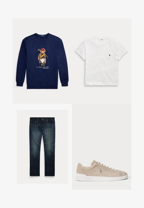 Tmavomodrá mikina s grafikou medveďa oblečeného v pólo výstroji, drží palicu, a textom Polo Bear by Ralph Lauren.; Biele tričko s krátkym rukávom a okrúhlym výstrihom s náprsným vreckom, na ktorom je malé tmavé logo hráča póla.; Tmavomodré riflové džínsy s priamym strihom nohavíc, jemným vyblednutím v oblasti kolien a oranžovým prešívaním na vreckách a švoch.; Béžové semišové tenisky s bielymi šnúrkami a podrážkou, vyšívané logo Polo na boku a s embossovaným nápisom "Polo" na podrážke.