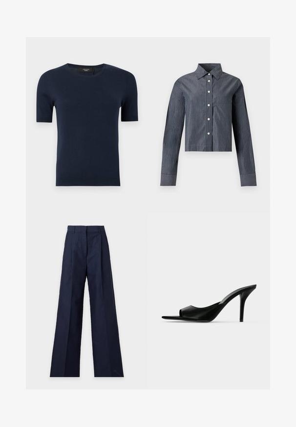 Mørkeblå kortærmet strikket sweater med rund halsudskæring og ribbede ærmer og kant, vist på en ensfarvet baggrund.; Mørkegrå cropped skjorte med hvide lodrette pibstriber, lange ærmer, spidst krave og en forreste brystlomme.; Marineblå viddebukser med høj talje, frontfold og bæltestropper, vist på en ensartet lys baggrund.; Sort læder åben tå højhælet mule med en slank stilet hæl, vist i sideprofil på en ensfarvet baggrund.