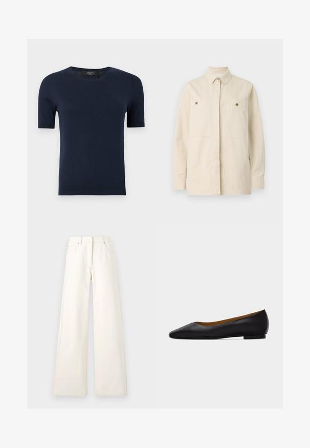 Marineblauwe korte mouw gebreide trui met ronde hals en geribbelde boorden en zoom, getoond op een effen achtergrond.; Beige button-up shirt van katoen met een puntige kraag, twee zakken aan de voorkant en bruine knoopaccenten. Lange mouwen met knoopsluiten.; Wijdbenige, crèmekleurige broek van denim met zichtbare stiksels en zakken. Het ontwerp heeft een hoge taille en een recht gesneden silhouet.; Zwarte leren puntschoen met lage hak en gladde afwerking, zijaanzicht op een lichtgrijze achtergrond.