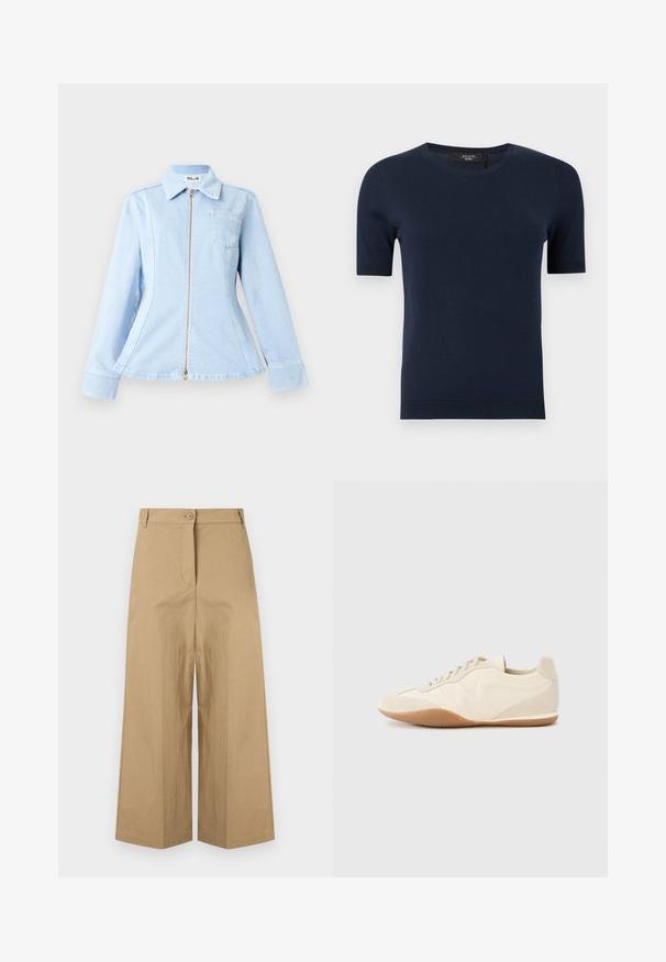 Pull en tricot bleu marine à manches courtes, col rond avec poignets et ourlet côtelés, présenté sur un fond uni.; Veste en denim bleu clair avec fermeture éclair, col pointu et une poche poitrine. Présente une coupe ajustée et des manches longues.; Pantalon beige taille haute à jambes larges, avec passants pour ceinture, fermeture avant par boutons et une fermeture éclair cachée.; Baskets beige clair avec une tige en cuir texturé, des panneaux latéraux texturés et une semelle en caoutchouc. Dotées d'un design fin et épuré ainsi que de lacets plats.