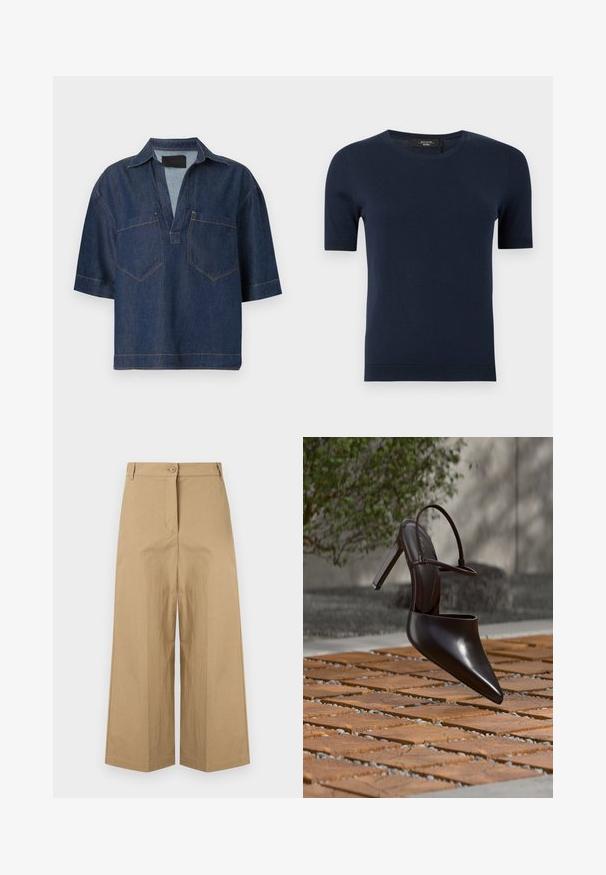 Pull en tricot bleu marine à manches courtes, col rond avec poignets et ourlet côtelés, présenté sur un fond uni.; Chemise en denim bleu foncé à manches courtes, col en V large, avec col et deux poches poitrine devant avec coutures visibles.; Pantalon beige taille haute à jambes larges, avec passants pour ceinture, fermeture avant par boutons et une fermeture éclair cachée.; Mule noire brillante à talons hauts avec bout pointu et bride à la cheville, suspendue au-dessus d'une surface carrelée en terre cuite avec des interstices remplis de gravier.