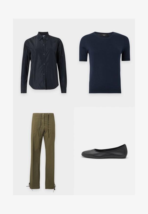 Pull en tricot bleu marine à manches courtes, col rond avec poignets et ourlet côtelés, présenté sur un fond uni.; Chemise noire à manches longues avec boutons, col, tissu mat et poignets ajustés, présentée sur un fond clair neutre.; Pantalon en coton vert olive à coupe décontractée, avec plis à l'avant, taille à cordon de serrage et liens ajustables aux ourlets pour personnalisation.; Ballerines en cuir noir avec un bout rond, texture lisse, détails de couture minimalistes et design de semelle flexible.