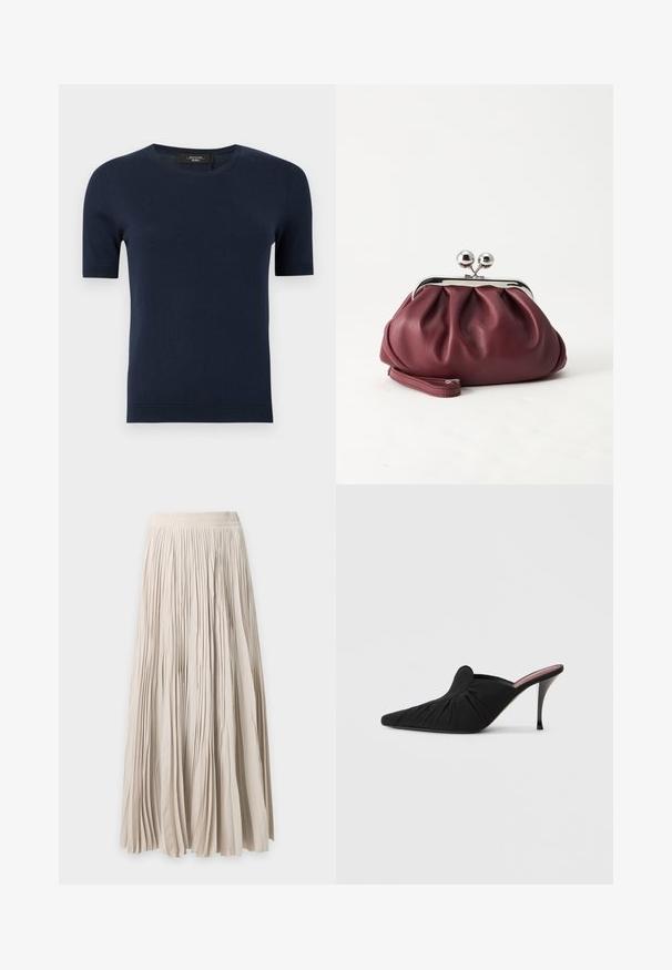 Pull en tricot bleu marine à manches courtes, col rond avec poignets et ourlet côtelés, présenté sur un fond uni.; Longue jupe beige plissée avec taille élastique, tissu fluide et longueur complète.; Mule noir à talon haut avec bout pointu, tissu doux à texture froncée sur le devant et talon aiguille fin.; Petit sac pochette en cuir bordeaux avec fermoir métallique argenté et bracelet sur fond blanc.